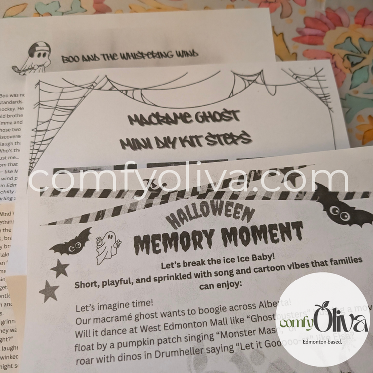 Halloween-themed activity sheets with text and graphics on a colorful background.