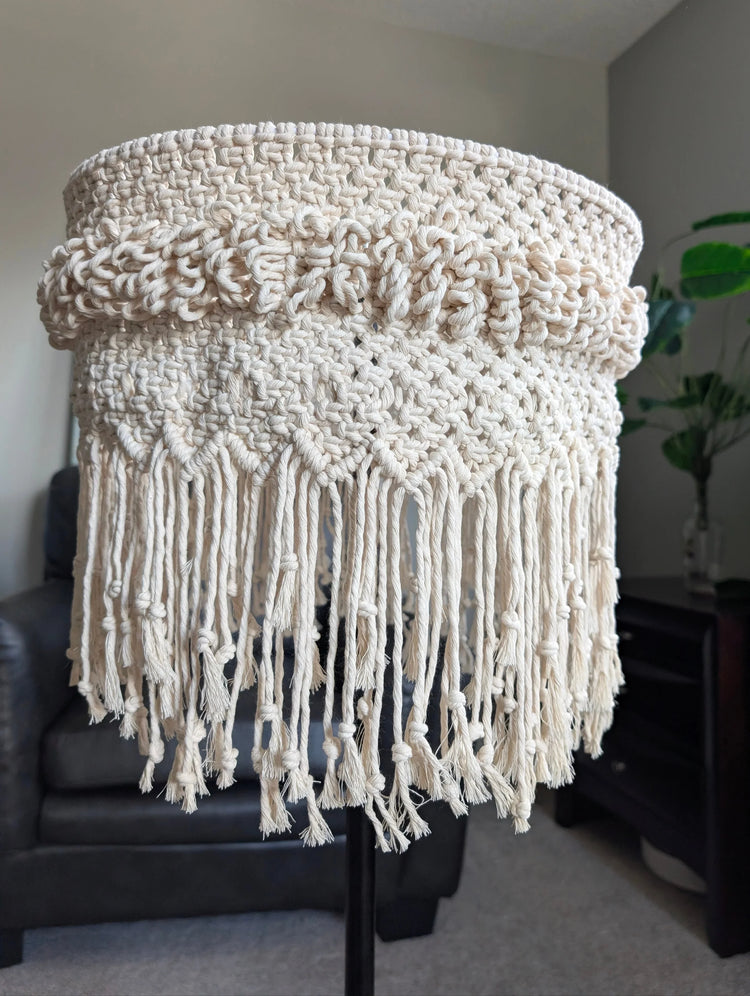 Macrame Lamp Shade with fringe in a room setting