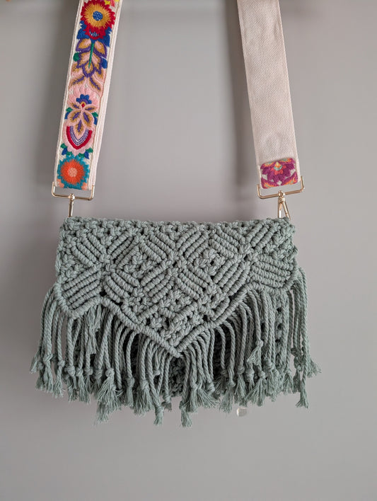 Handcrafted Macramé Fringe Crossbody Bag – Sage Green