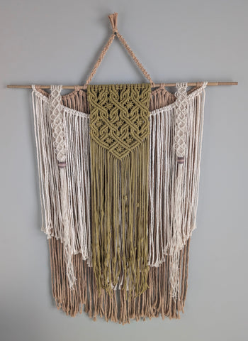 Macrame wall tapestry Olive centre, yute side rows with wooden beads, with 2 rows of long fringes on bamboo dowel.