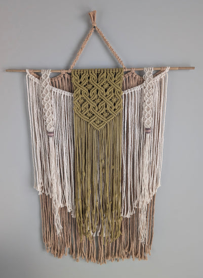 Macrame wall tapestry Olive centre, yute side rows with wooden beads, with 2 rows of long fringes on bamboo dowel.