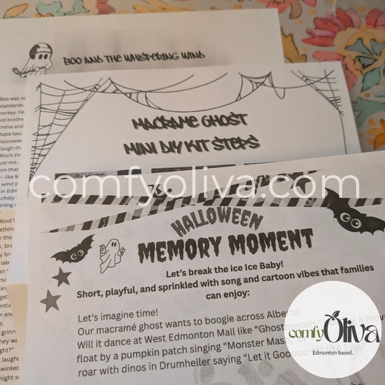 Halloween-themed activity sheets with text and graphics on a colorful background.