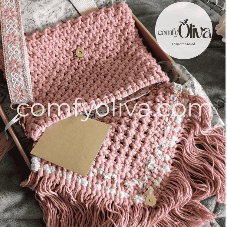 Dusty Pink Macrame Fringe Bag- Artisan Albertan Crossbody Bag