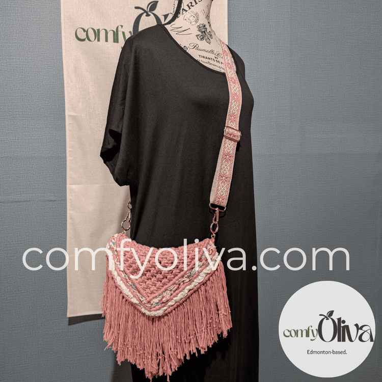 Dusty Pink Macrame Fringe Bag- Artisan Albertan Crossbody Bag